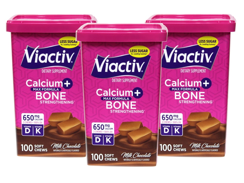 Viactiv Max Formula Kalcij +Vitamin D3 Dopolnilo za zdravje kosti mleko čokolada, 100 Soft Chews - 3 pakiranje