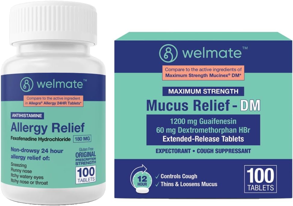 WELMATE Popolna alergija in prezasedenost Relief Bundle: Fexofenadin HCl 180mg Ne-zamotani antihistaminik (100 Ct) + sluz Relief DM 1200mg Guaifenesin & 60mg DXM (100 Ct) 