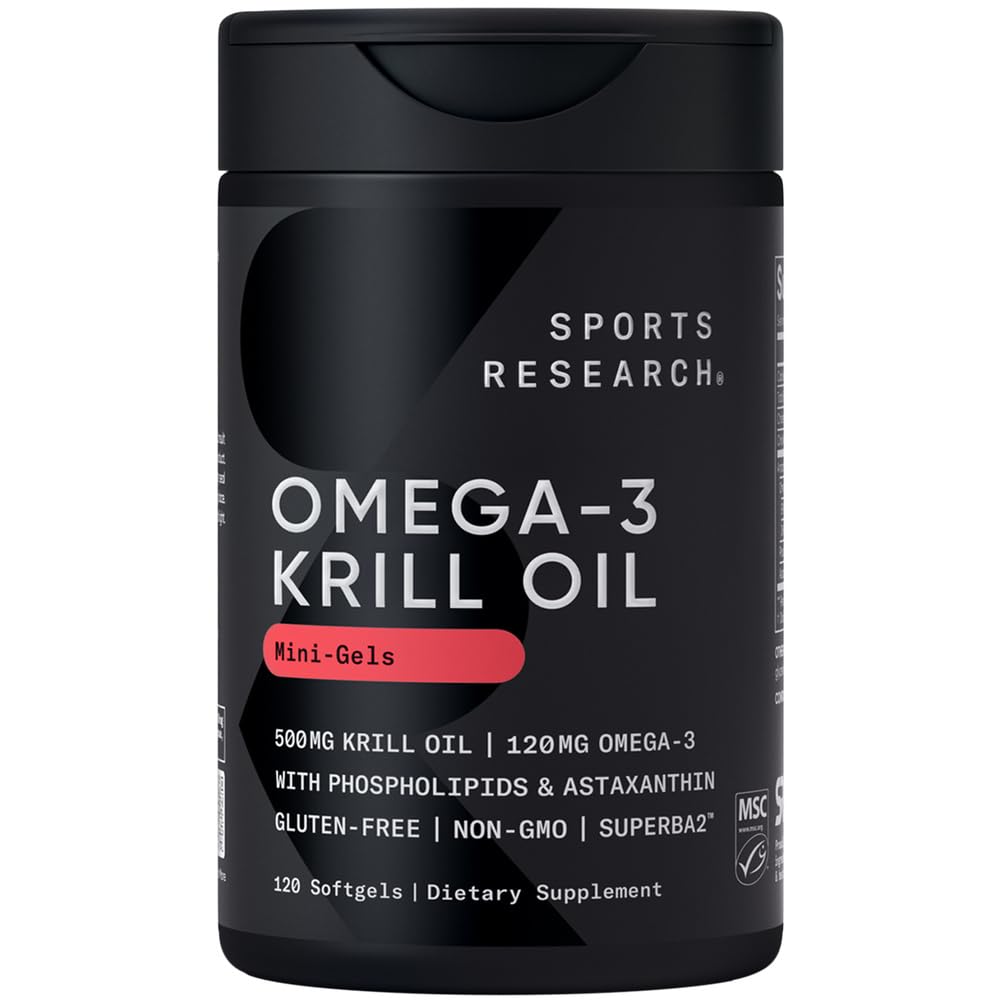 Sports Research Krill Oil Supplement with EPA & DHA Omega 3, Fosfolipids & Astaksantin iz Antarktike Krill - Najvišja koncentracija Krill olja za moške in ženske - 500mg, 120 kapsul Softgel