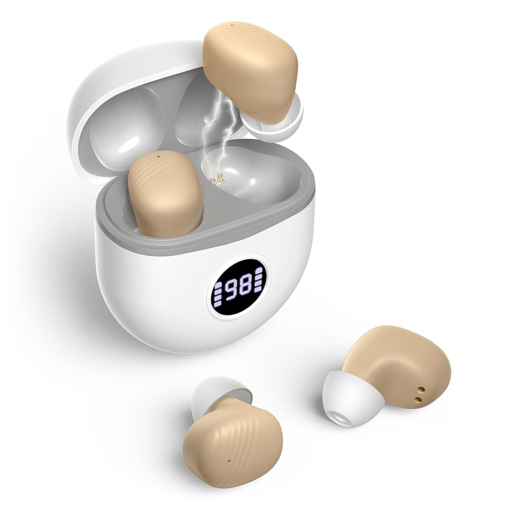Slušni aparati, pomožni slušni pripomočki za starejše z odklopom hrupa, majhno v ušesu brez cviljenja slušni ojačevalniki Update maksimum Gain 40dB z Oval Charging Case LED zaslon, Beige