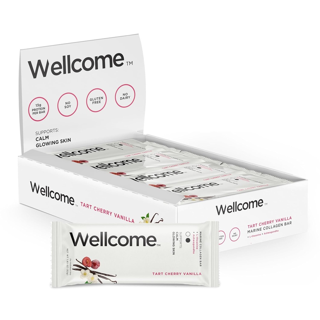 Wellcome Tart Cherry Vanilla Marine Colagen Protein Bar z Ashwagandha in L-Theanine - Adaptogene prigrizek Bar - Dairy Free Health Bar za funkcionalni aktivni življenjski slog (Pack of 12)
