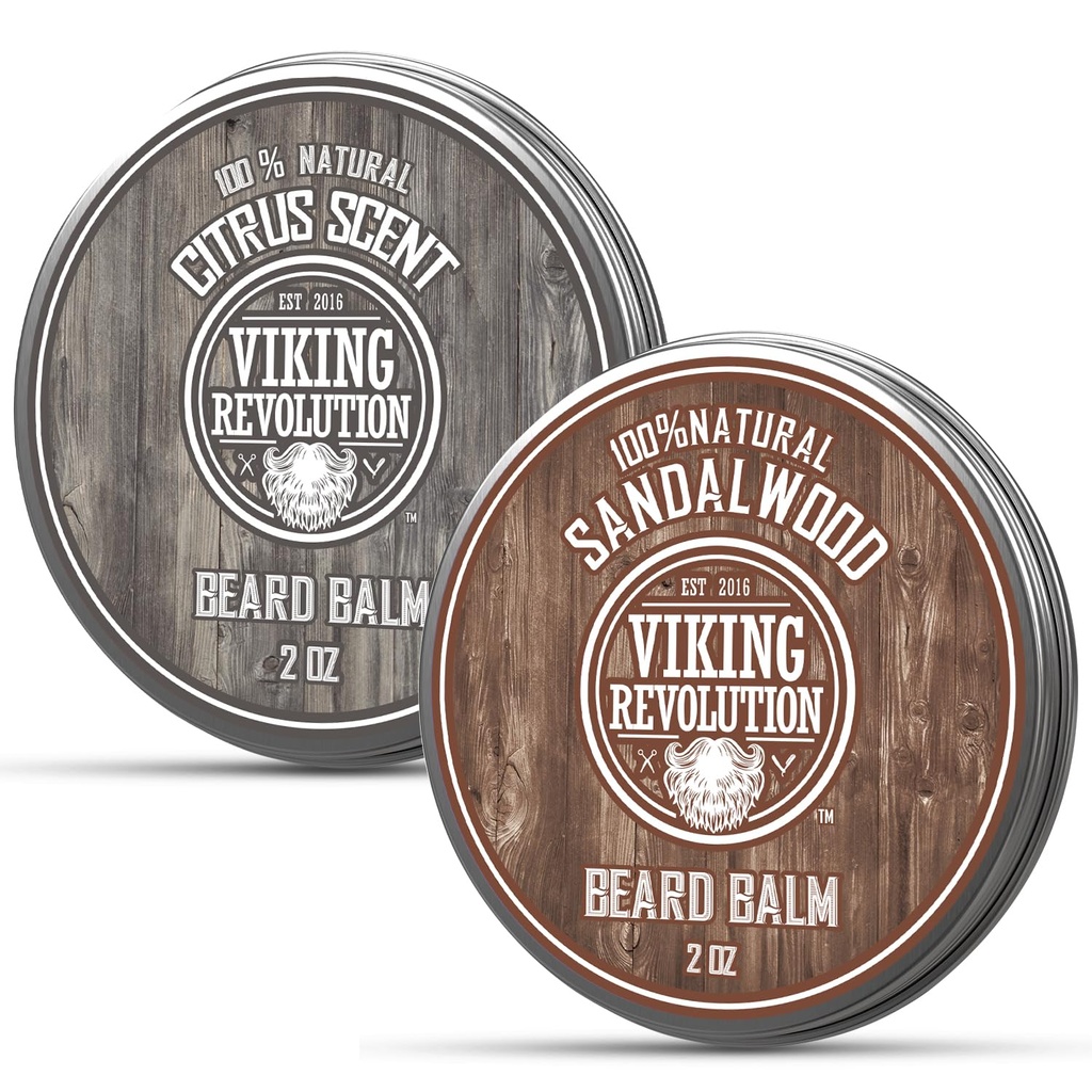 Viking Revolution Citrus in sandalwood Beard Balm - maslo z arganovim oljem, softener z Jojoba oljem, vlažilni z čebeljim vosek - vosek za moške z mango maslom (2oz, 2 Pack)