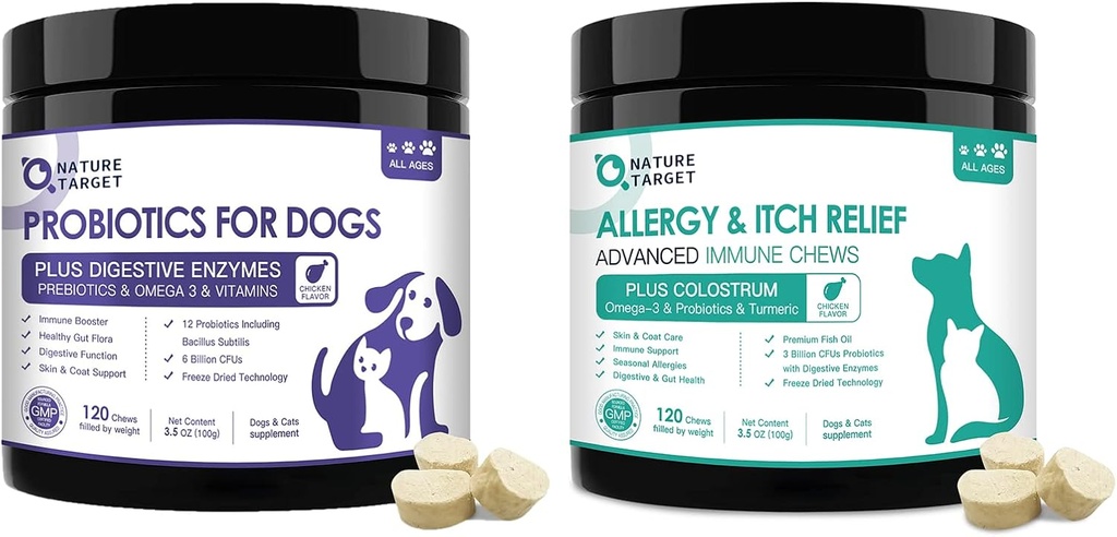 NATURE TARGET probiotiki za pse, s prebiotiki in prebavnih encimov, vitamini in omega 3 za alergijo srbečica, zmanjšanje driske, plin, stop Pawlicking, vroče točke, Shedding