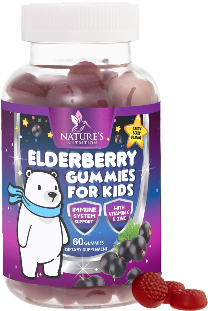 Otroci Imunska podpora Elderberry Gummies - Dnevni otroški vitamini C, cink in otroci Imuniteta Podpora Gummy - Naravni Sambucus Elderberry Supplement, Vegan, Gluten-free, Okusno Berry Flavor - 60 Gummies