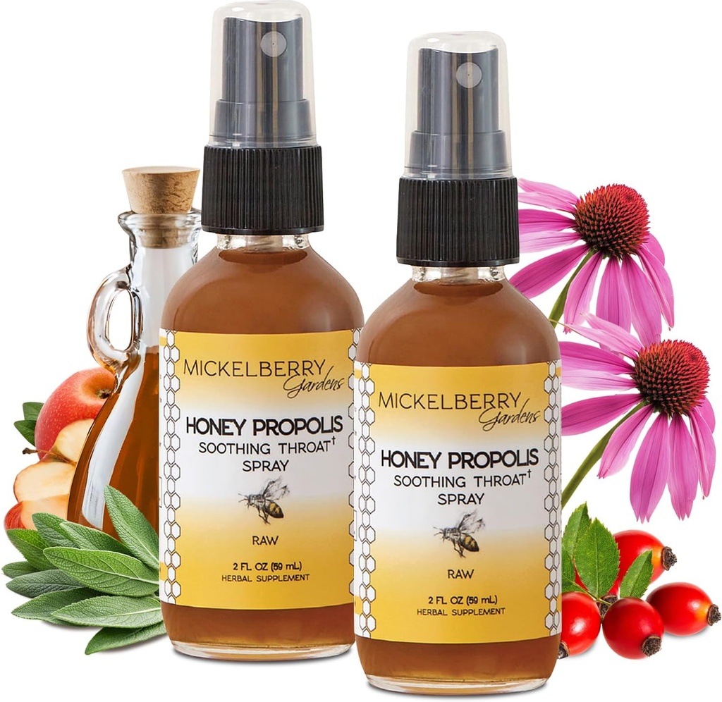 Mickelberry Gardens Medeni Propolis Pršilo za grlo - Pomirjujoče vnetje za grlo in propolis Imunska podpora za odrasle in otroke - Zeliščni & Medeni Formula (2 oz, 2 paket)