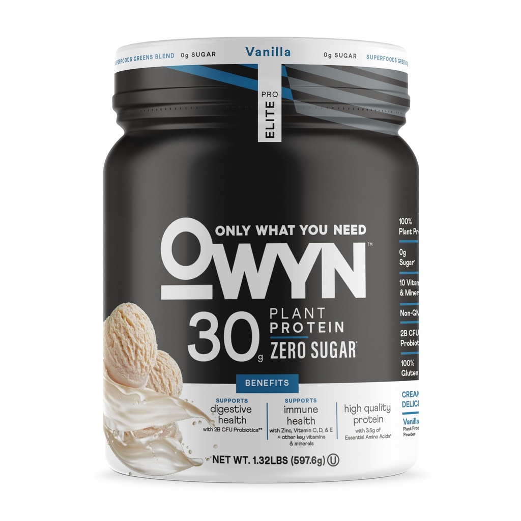 OWYN samo kaj potrebujete Pro Elite High Protein Powder, 30g Vegan Beljakovine za regeneracijo vadbe, Okusen gladek okus, nič sladkorja, nizko neto ogljikovih hidratov, Vanilla, 12 Serving (1.32 LB)