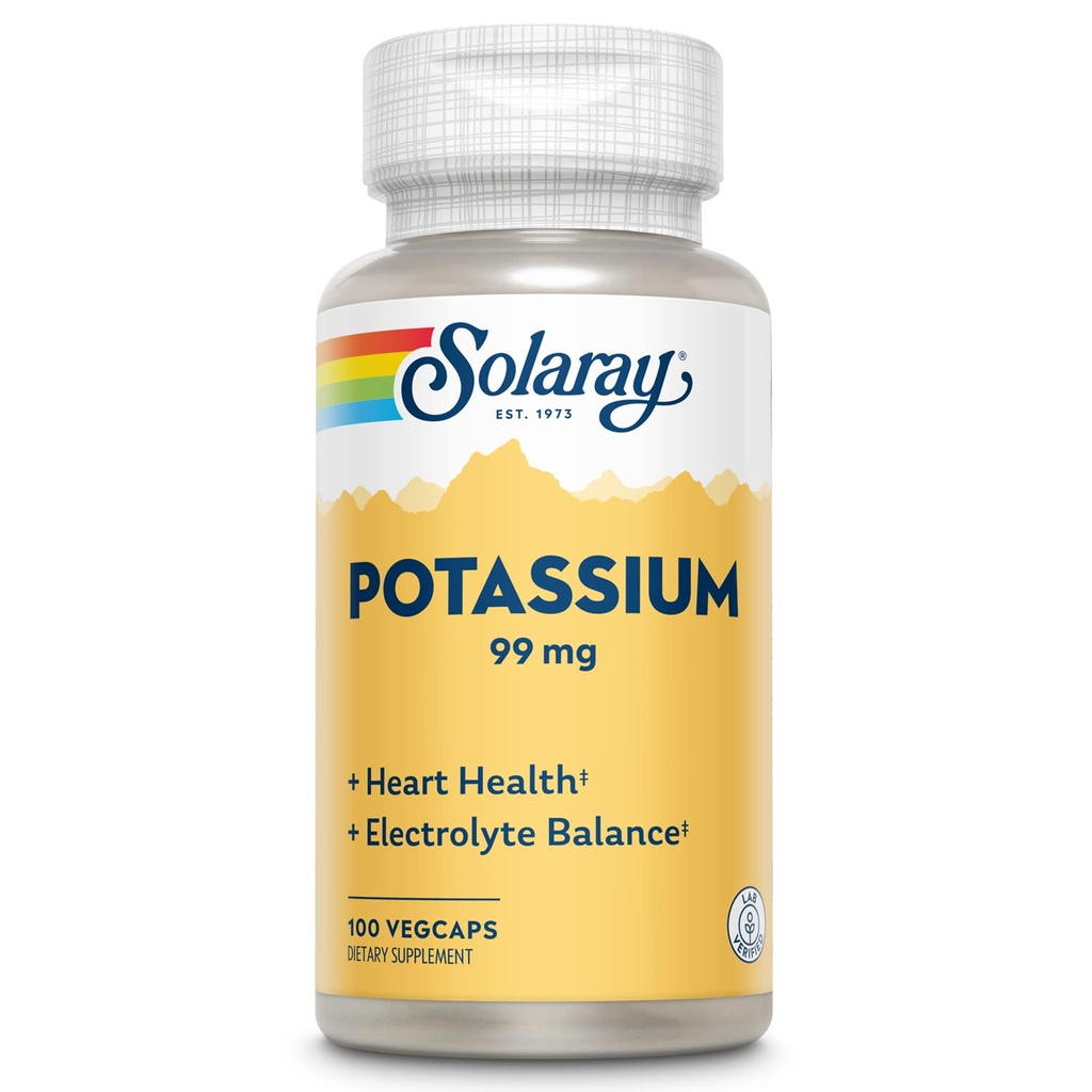 Solaray Kalij 99 mg - Elektrolit Balance Formula - Kalijev dodatek za elektrolite, žilno in srčno zdravstveno podporo - 60-dnevni denar nazaj garancije, laboratorij preverjen, 100 Serving, 100 VegCaps
