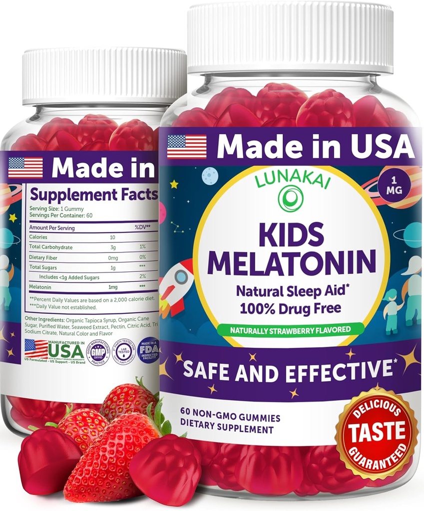Lunakai ZDA Made Kids Melatonin Gummies 1mg - Safe & Natural Sleep Aid za otroke 2+ - Non-GMO, Vegan, Gluten-free - 60 Count