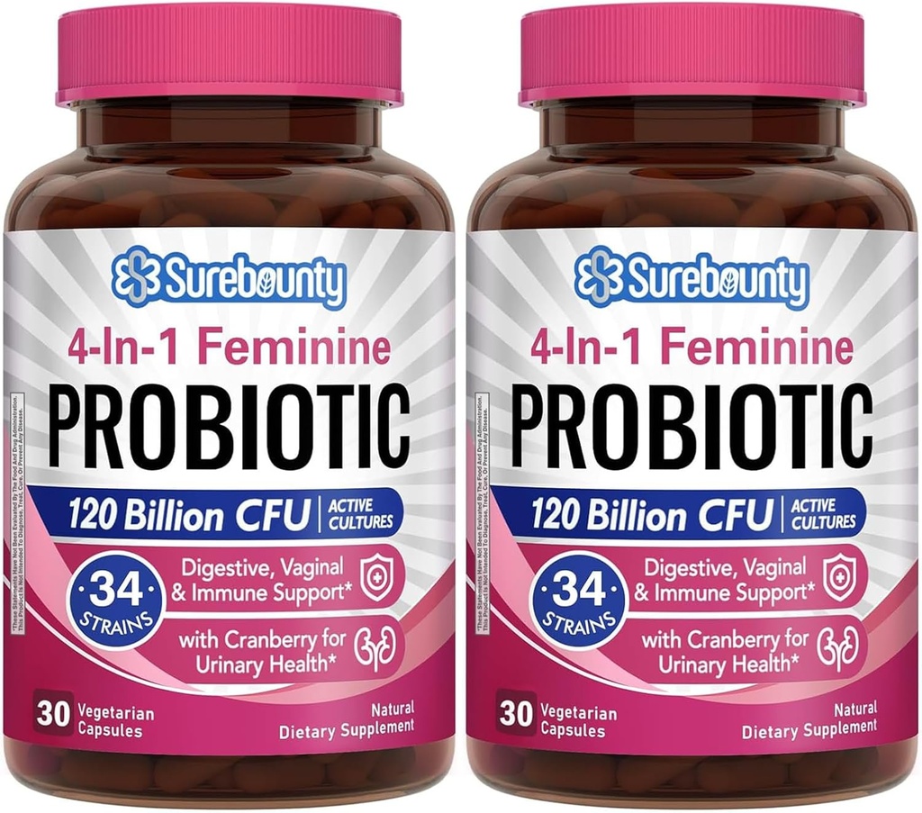 Probiotiki za ženske, 120 milijard CFU 34 sevi, prebiotiki, pregestivne encime, brusnice, 4-v-1 femininski probiotik, digestiv, vaginalna, imunska podpora, 60ct (paket z 2)