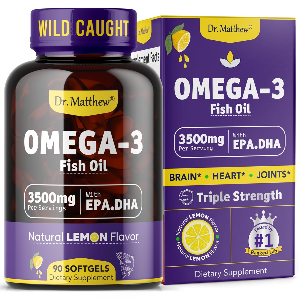 Omega-3 ribje olje, 3500 mg, visoko EPA & DHA – brez ribjega okusa, enostavno pogoltniti, brez napora, naravna limona – podpira srce, možgani in skupno zdravje – 90 softgels – divje ujeta.