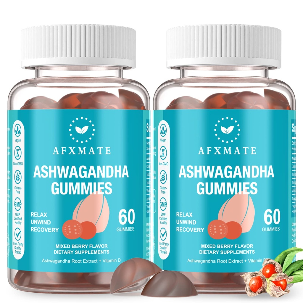 AFXMATE Ashwagandha Gummies & vitamin D Gummies za moške in ženske 120 Count Aswangdha dodatek (ne-GMO, sladkor brez in gluten brezplačno)
