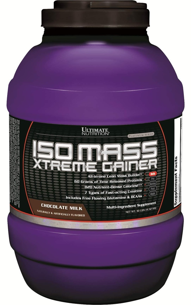 Ultimate Nutrition ISO Mass Xtreme Gainer, Hujšanje Protein Powder s kreatinom, 60 Gram beljakovin, sirotkinega izolata Protein Powder for Lean Muscle Gain, 10 LBS s 30 Streving, Čokolada