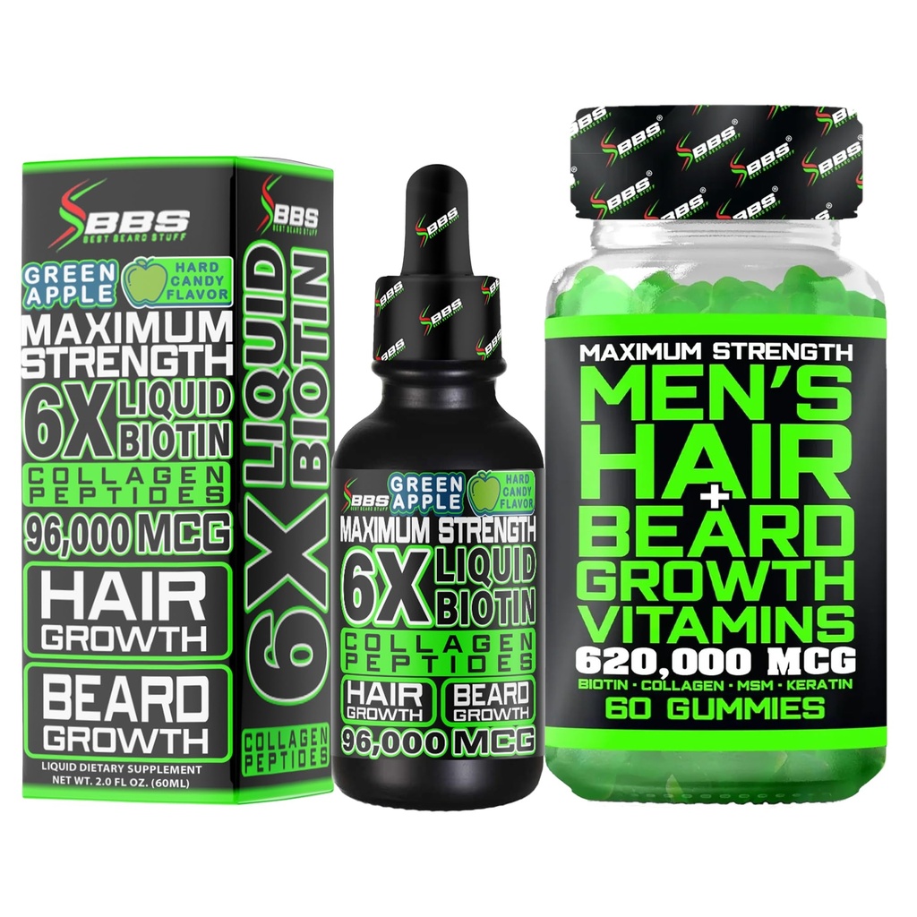 Komplet za rast brade w/ 6X Liquid BIOTIN dodatek s kolagen peptidi + 620.000mcg 14- v-1 BIOTIN Gumies/Beard rast vitamini in rast las vitamini za moške - oblikovan v Ameriki