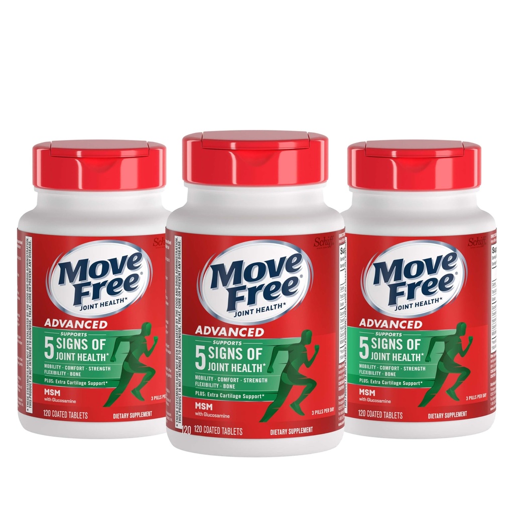 Move Free Advanced Glucosamine Chondroitin MSM Skupni dodatek za podporo, Podpira mobilnost Flexibility Comfort moč in kosti - 120 Število (Pack 3)