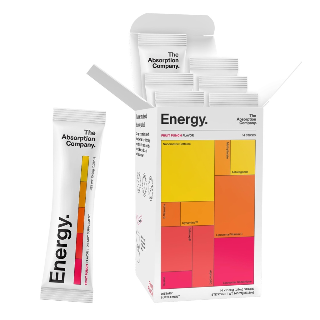 Absorpcija Podjetje Energy Drink Powder Mix Packets – Čisti energijski ojačevalec za podporo opozorilo z 150mg Natural Caffeine & Vitamin C – Sadni punch aroma, 14 palice