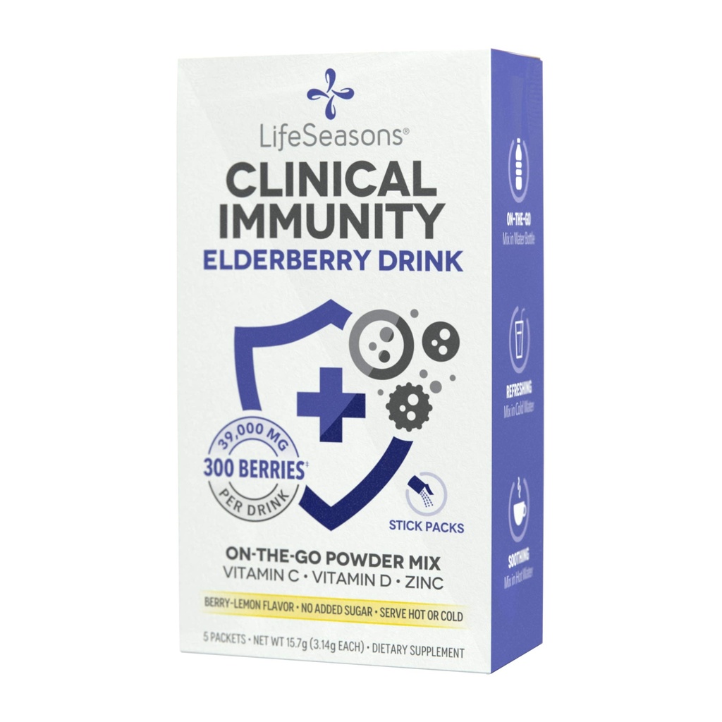 LifeSeasons Clinical Immunity - Elderberry Drink Mix - ščiti in bori za zdrav imunski odziv - Imunity Booster - 3X bolje kot vitamin C - Služi vroče ali hladno - Vitamin C + D + cink - (5 pakiranje)