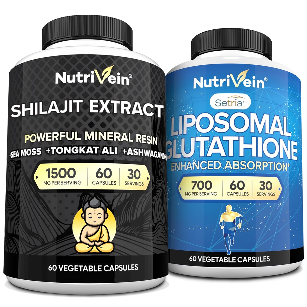 Nutrivein Premium Shilajit Kapsule in liposomski glutation dopolnilo: Visoko-Absorpcija Glutation Liposomal & Shilajit Kapsule za moške in ženske - jetra, Detox, & Vitalnost