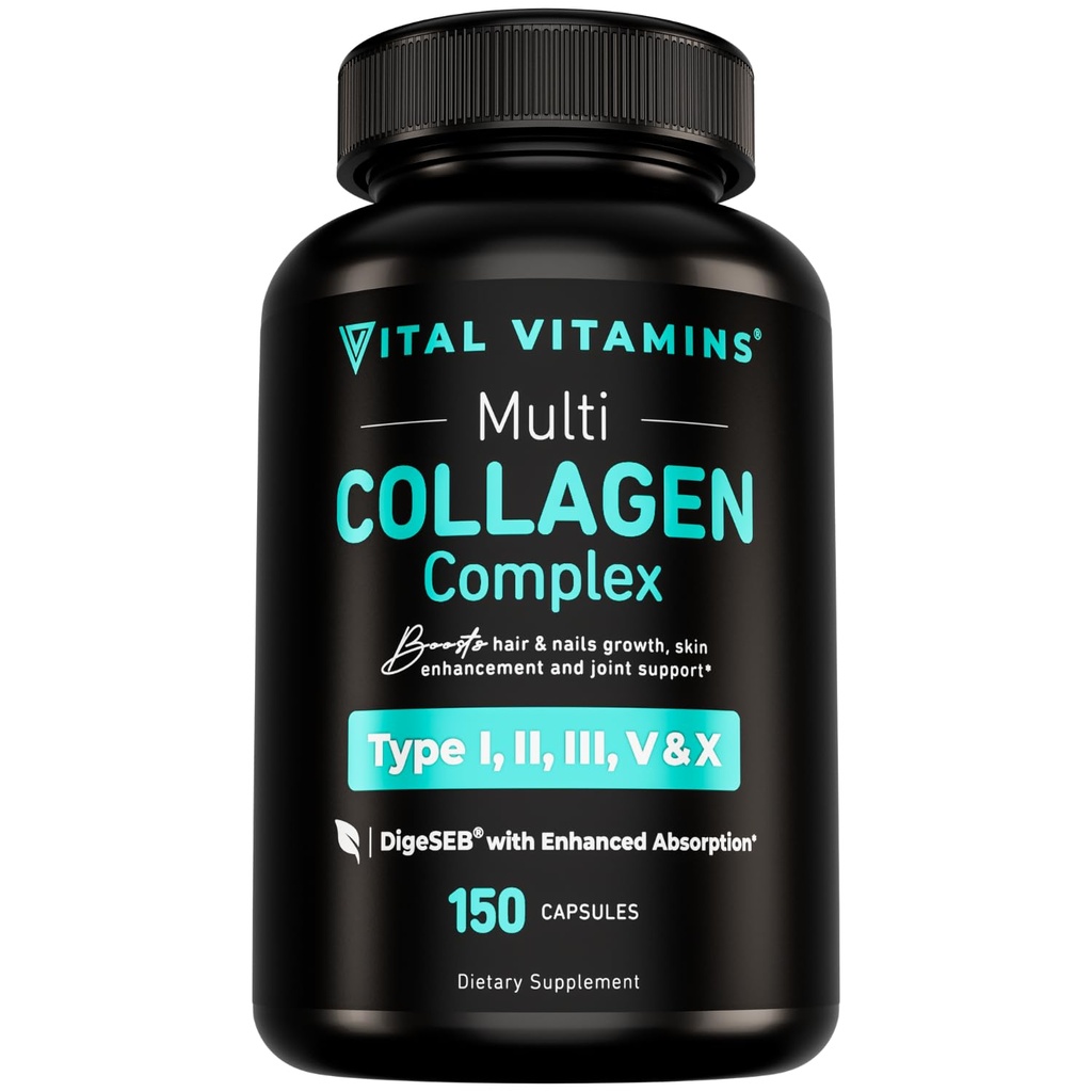 Vitalni vitamini Multi kolagen za ženske in moške - tip I, II, III, V, X - krma za travo, ne-GMO - 150 kapsul
