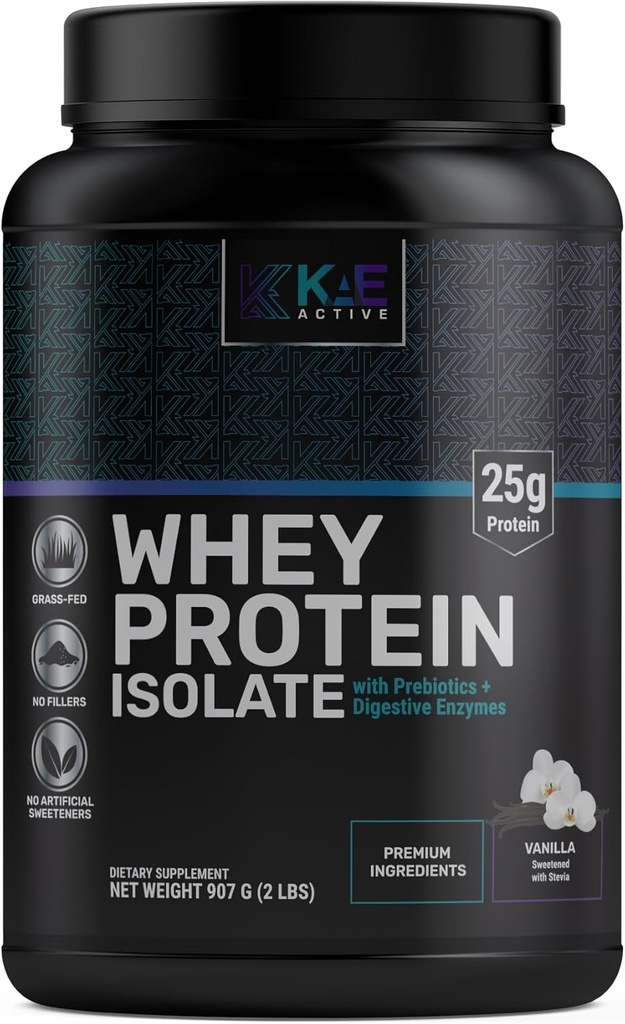 KAE Active enostavno prebavljiv Vanilla Grass-Fed Whey protein izolat v prahu. Čista formula s samo 5 Sestavine. 25g beljakovin.