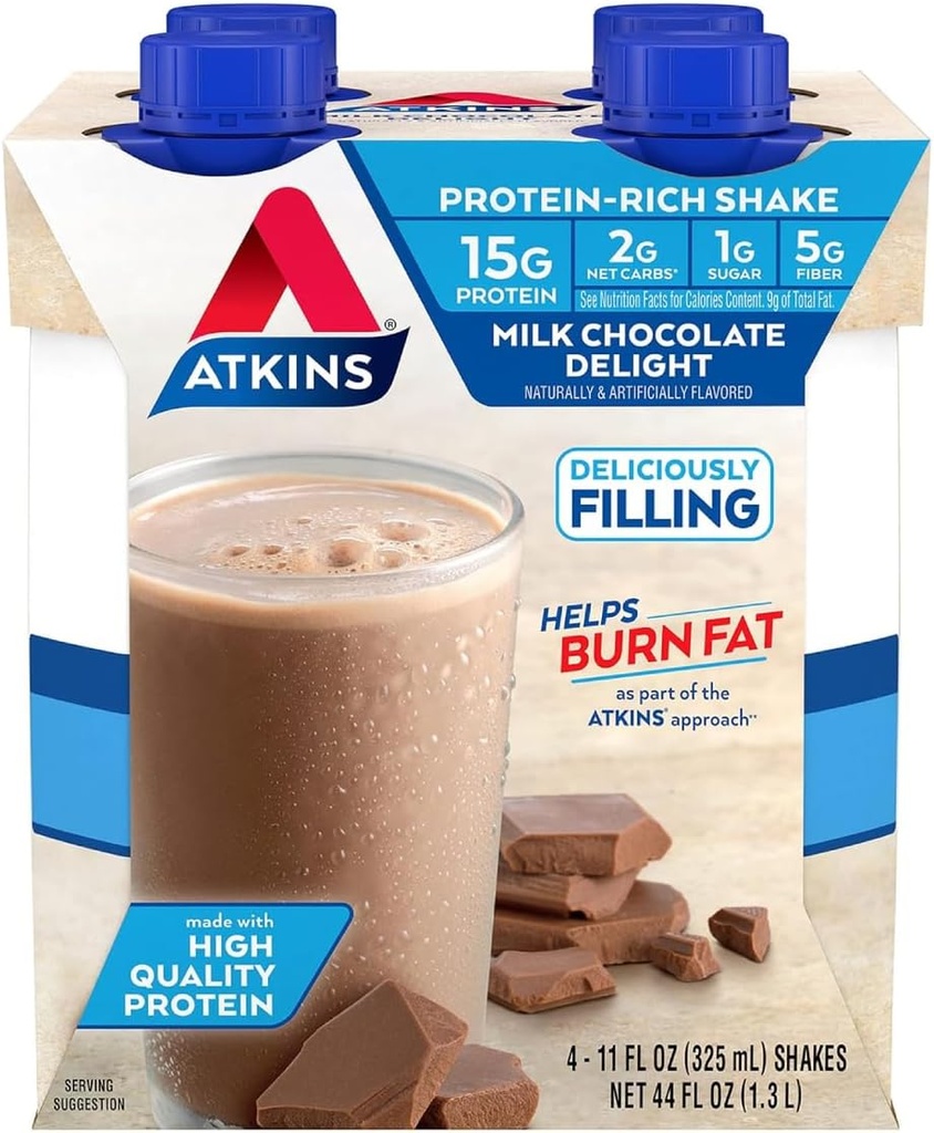 Atkins Milk Delight Protein Shake, 15g Protein, Nizka Glycemic, 2g Net Carb, 1g Sladkor, Keto prijazno, 4 Število