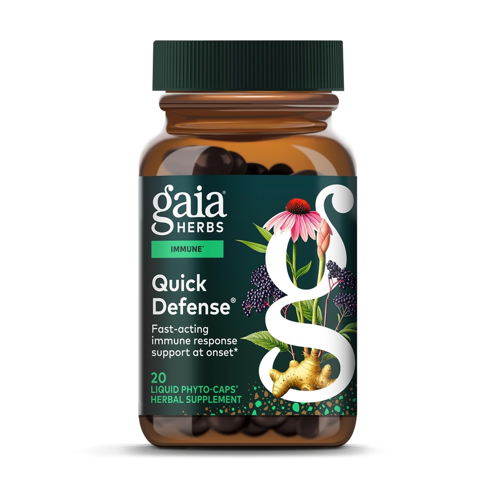 Gaia Herbs Quick Defense - hitro delujoči imunski dodatek* - Echinacea, Black Elderberry, Ginger & Andrographis - 20 Veganski tekoči Phyto-Capsules (2-dnevna zaloga)