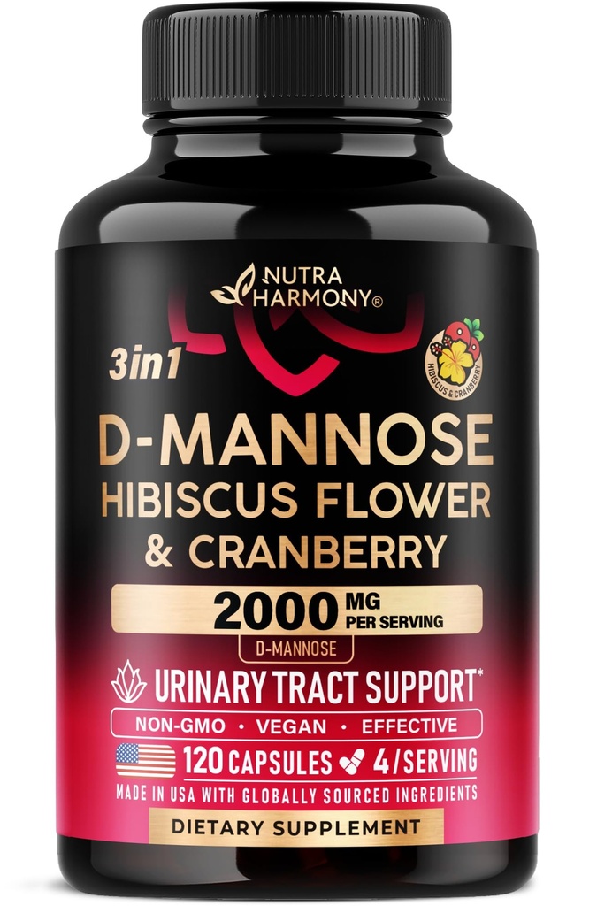 D-mannoza 2000mg z Cranberry & Hibiscus - Klinično testirana moč za zdravljenje urinarnega trakta - dodatek za ženske - Bladder, Jetra & Microflora Podpora - Izdelano v ZDA - Vegan, 120 kapsul