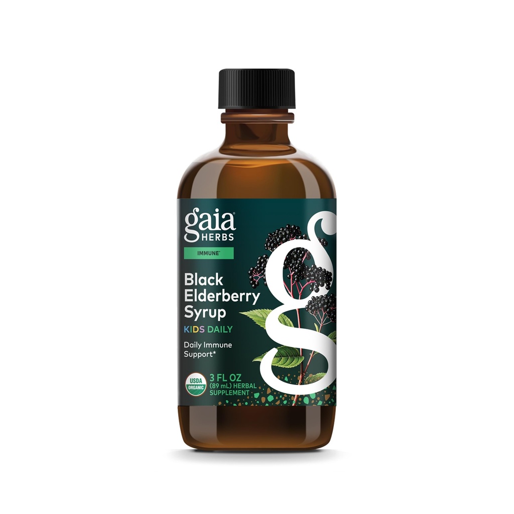 Gaia Herbs GaiaKids Black Elderberry Syrup - Delicious Immune Support Supplement za otroke - z organskimi črnimi jagodami in medom - USDA Certified - 3 Fl Oz