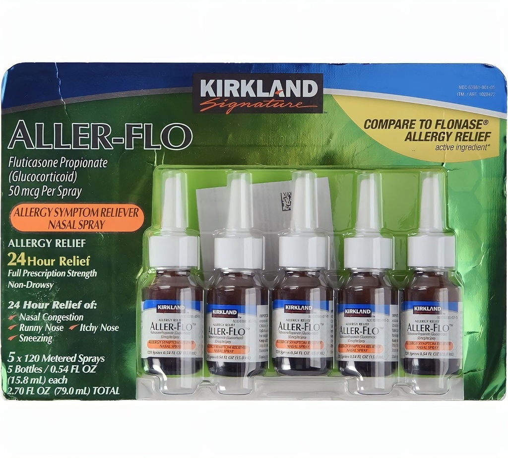 KIRKLAND Podpis Aller-Flo Flutikazonpropionat (glukortikoid) 5 steklenic x 120 Metered Sprays 0,54 Fl OZ na steklenico (15,8 ml x 5) 2,70 OZ Skupaj (79 ml) 600 Skupaj Sprays Skupaj, 1-Pack