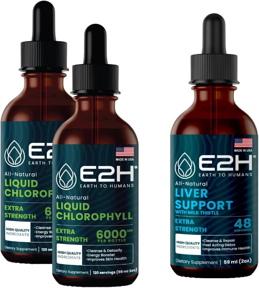 E2H: Klorofil tekoče kapljice (2 pakiranji - 4 Fl Oz) in jetrna podpora (enotna steklenica - 2 Fl Oz) 
