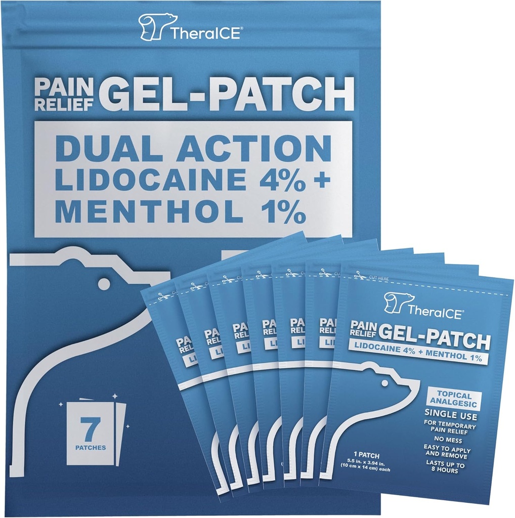 TheraICE Lidocaine Patches Plus Mentol – Največja moč vroče in ICY hladno olajšanje za hrbet, vratu in ramena bolečine – 4% Lidokain + 1% Mentol, velika velikost (7 Število)