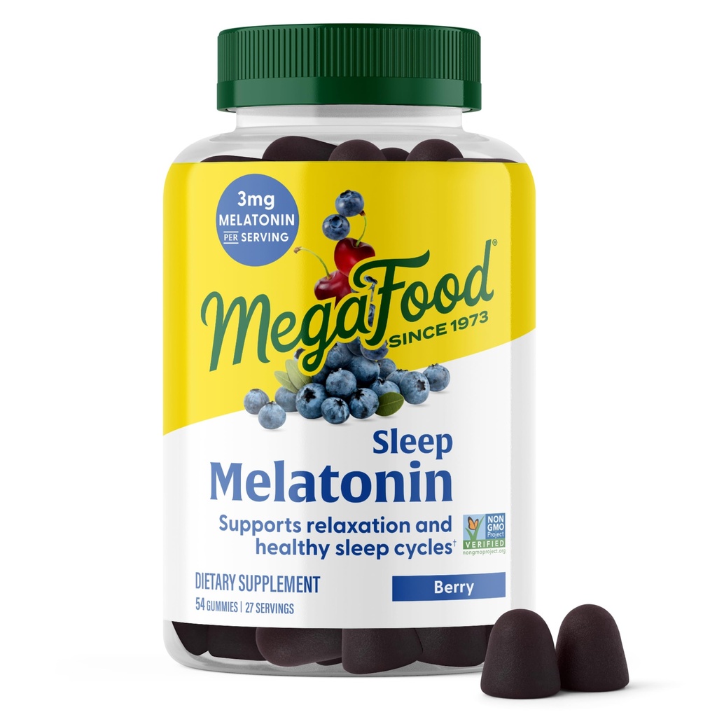 MegaFood Melatonin Gummies - Melatonin 3mg na postrežbo za pomoč Relax & Fall Spi – Spanje Gummies za odrasle - Berry Flavor, Non-GMO, Certified Vegan - 54 Count (27 Servings)