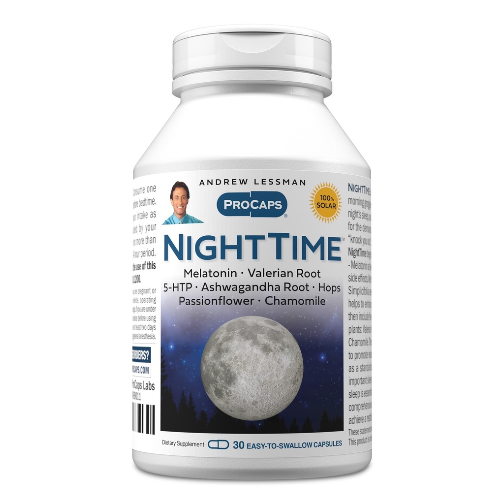 ANDREW LESMAN Night Time 30 Kapsule - 3mg melatonin, Valerian, Ashwagandha, Pasijonka, Hops, Kamilica. Brez jutranjega godrnjanja. Naravna podpora, nežen miren spanec. Kapsule zlahka pogoltnete