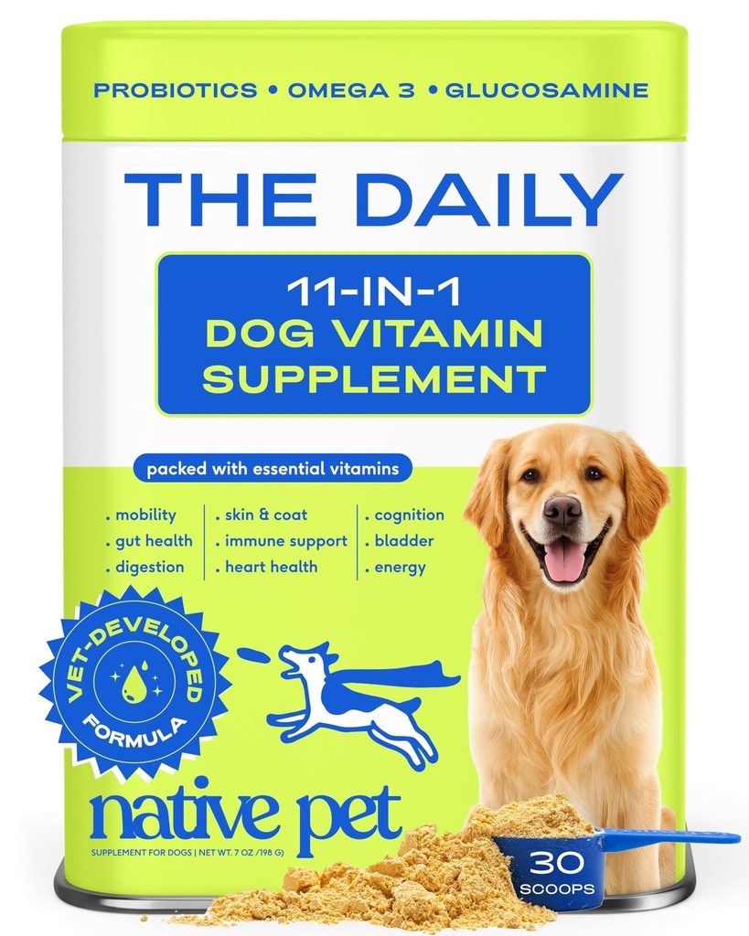 Native Pet Dog Vitamini in dodatki - 11-v-1 Multivitaminski prašek za pse Topper hrane - Kolagen, glukozamin, probiotiki, Omega in več- podpira zdravo Gut, mobilnost in splošno zdravje -30 Scoops