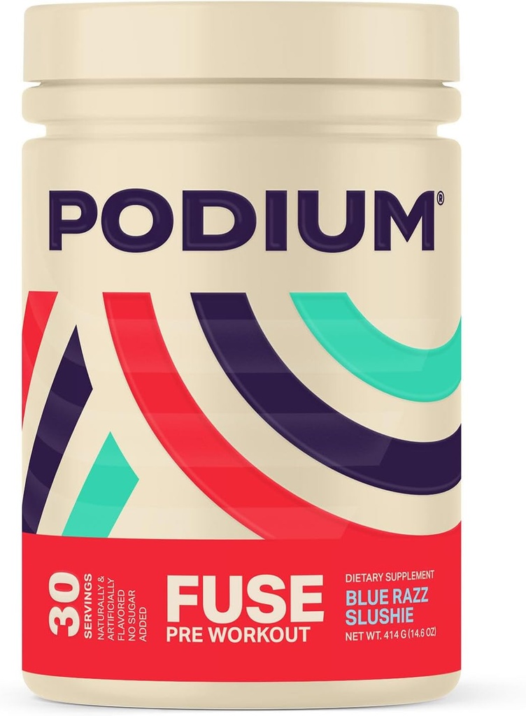 Podium Nutrition, Fuse Pre Workout Powder, Blue Razz Slushie, 30 Serving, Beta Alanine in kofein za energijo, Gluten Free, Soy Free, Dairy Free