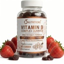 O HRANITVE Vitamin B Complex Vegan Gummies z vitaminom B12, B7 kot Biotin, B6, B3 kot Niacin, B5, B6, B8, B9 kot Folat za stres, energijo in zdravo imunski sistem (1 pakiranje)