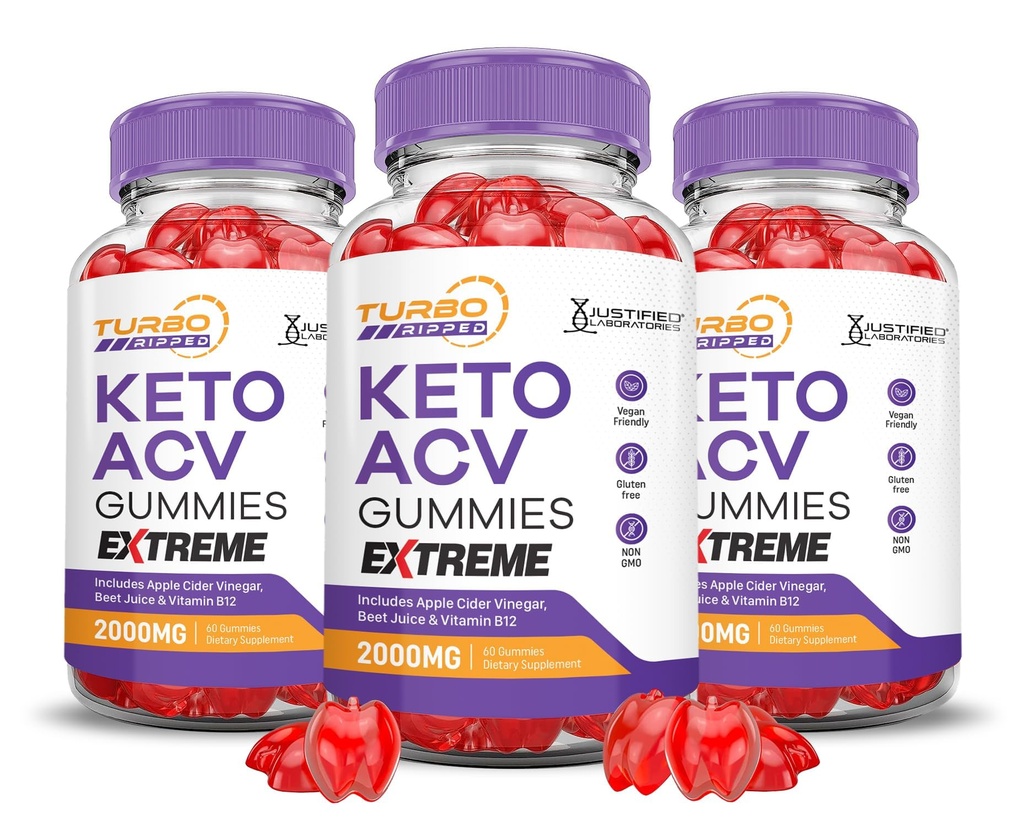 (3 paket) Turbo Ripped Keto ACV Gummies Extreme 2000MG Turbo Ripped Keto Gummies Apple Cider Vinegar Oblikovan z Granatni sok sladkorne pese v prahu B12 Vegan Non GSO 180 Gummys