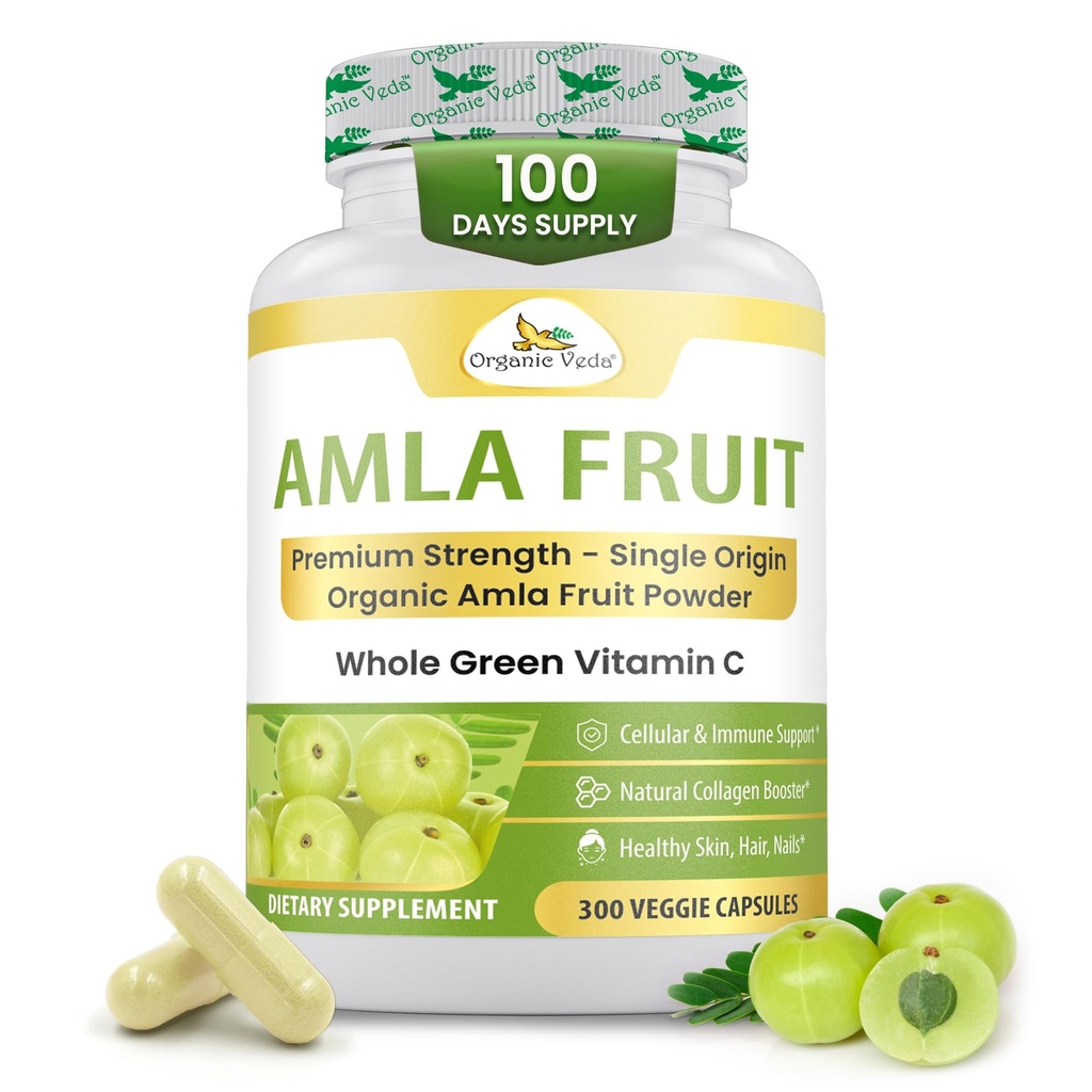 Organske Veda Amla kapsule - 1500 mg, 300 Kapsule Organski celotni sadni Amla v prahu - Naravni vitamin C za imuniteto, kožo Radiance, antioksidanti - Veganski, ne GSO, Surovi vitamin C dopolnila