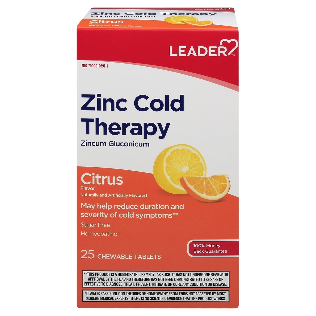 Leader Cinkovo hladno zdravljenje Žvečljive tablete, neumiljive homeopatski cink dodatek, zmanjša trajanje in resnost simptomov prehlada, hitro delujoče hladno sredstvo, citrusov okus, sladkor brez, 25 Število