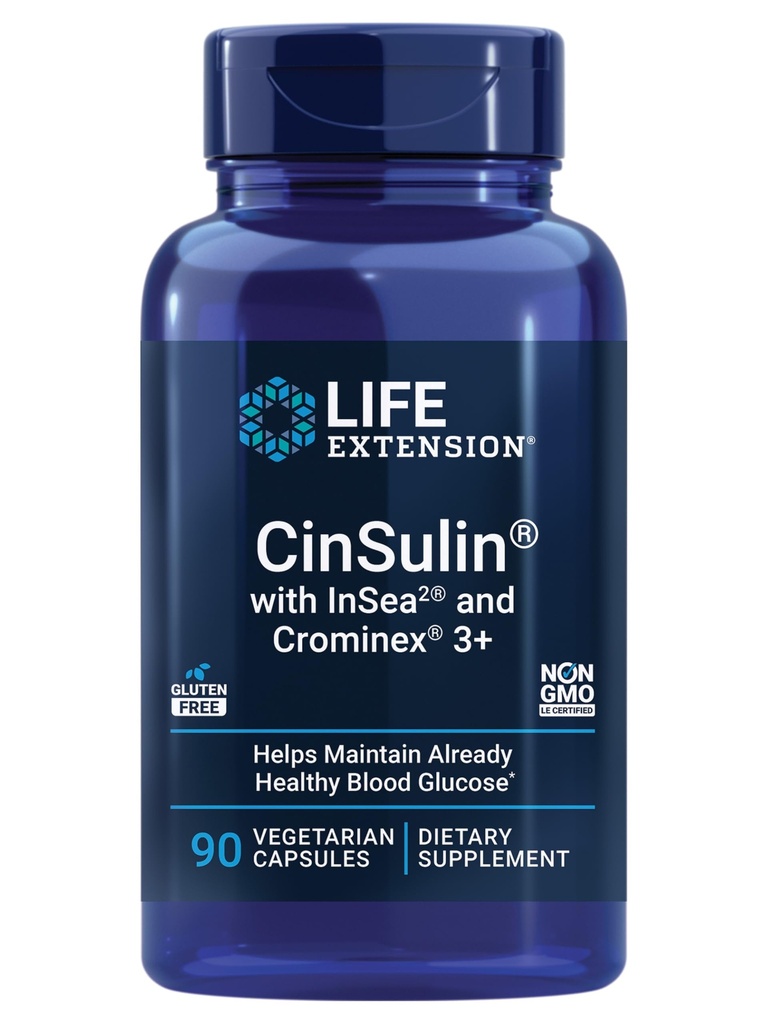 Life Extension CinSulin® z InSea2® in Crominex® 3+, shilajit, amla sadja, cimet, rjavih alg, podpira zdravo presnovo in zadovoljstvo, Gluten-free, Non-GMO, Vegetarian, 90 kapsul