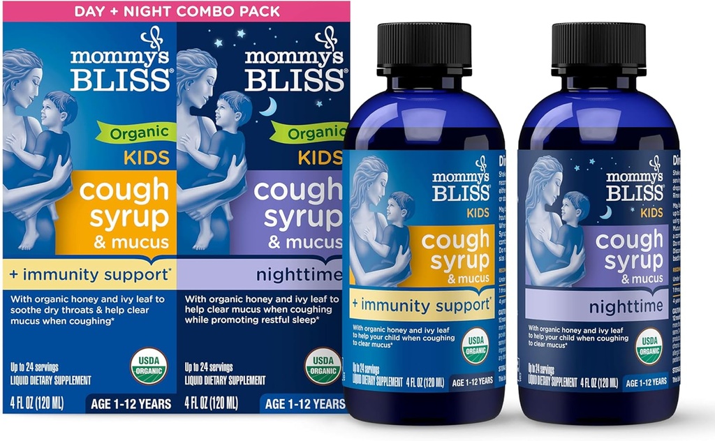 Mamina Bliss Organic Cough Syrup & Mucus za otroke, dan in noč Combo paket z vitaminom C in imuniteto podporo, Vsebuje organski med in Ivy Leaf, 4 Fl Oz (Pack z 2)