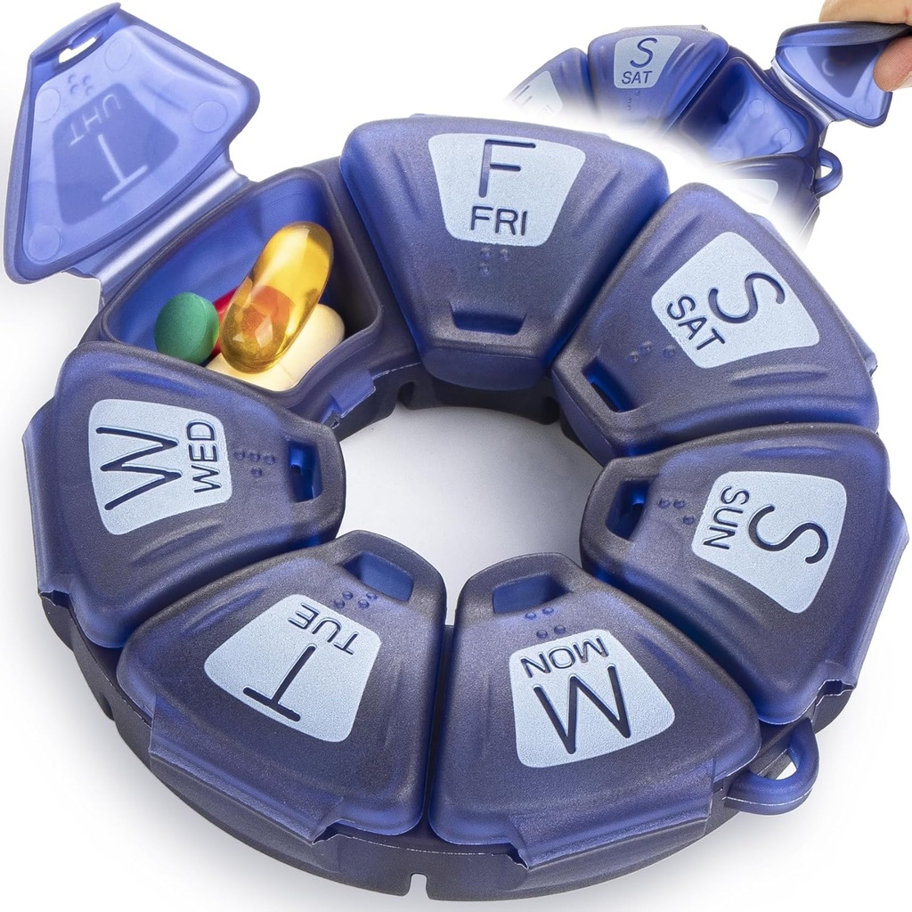 Round Weekly tablete Organizator, TPU Gumirani, Travel Pill Container 7 dan, s 7 Velikimi predelki, Odlično za dnevne vitamine in dodatki, Cute Pill primeru z velikimi črkami in Braillova pisava (modra)