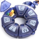 Round Weekly tablete Organizator, TPU Gumirani, Travel Pill Container 7 dan, s 7 Velikimi predelki, Odlično za dnevne vitamine in dodatki, Cute Pill primeru z velikimi črkami in Braillova pisava (modra)