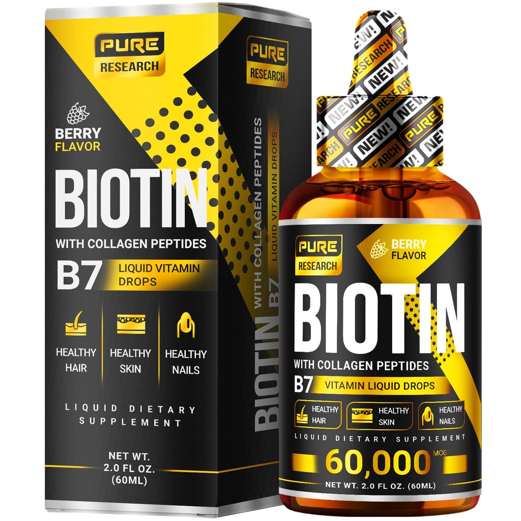 PURE RESEARCH Liquid Biotin & Collagen Hair Growth Drops 60,000mcg – Biotin and Liquid Collagen Supplements for Women & Men – Supports Glowing Skin, Healthy Hair & Nail Growth (2Fl Oz)