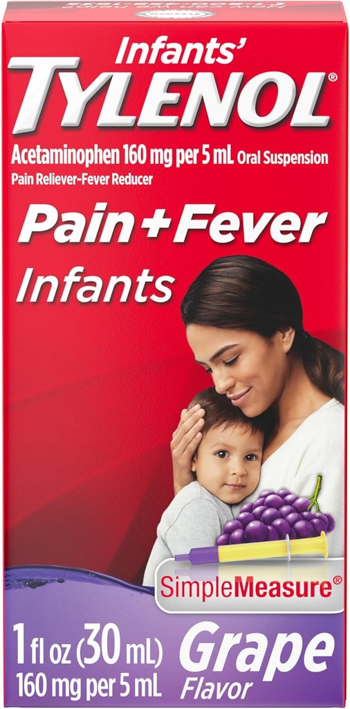 Dojenčkov Tylenol peroralna suspenzija Tekoča medicina z acetataminofenom, Baby Fever Reducer & Pain Reliever za manjše bolečine in bolečine, boleče grlo, glavobol in zobobol, grozdni okus, 1 fl. Oz