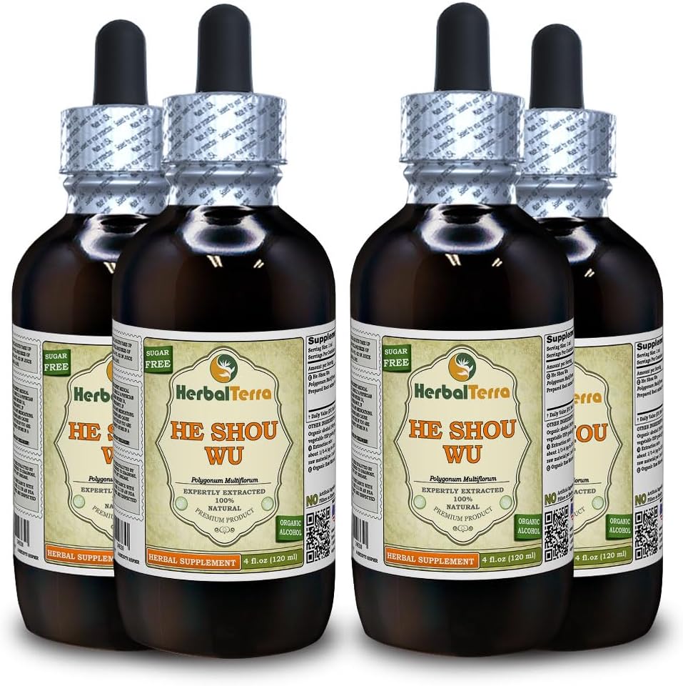 He Shou Wu, Fo Ti (Polygonum Multiflorum) Tincture, Organic Dried Prepared Root Liquid Extract (Brand Name: HerbalTerra, Proudly Made in USA) 4x4 fl.oz (4x120 ml)