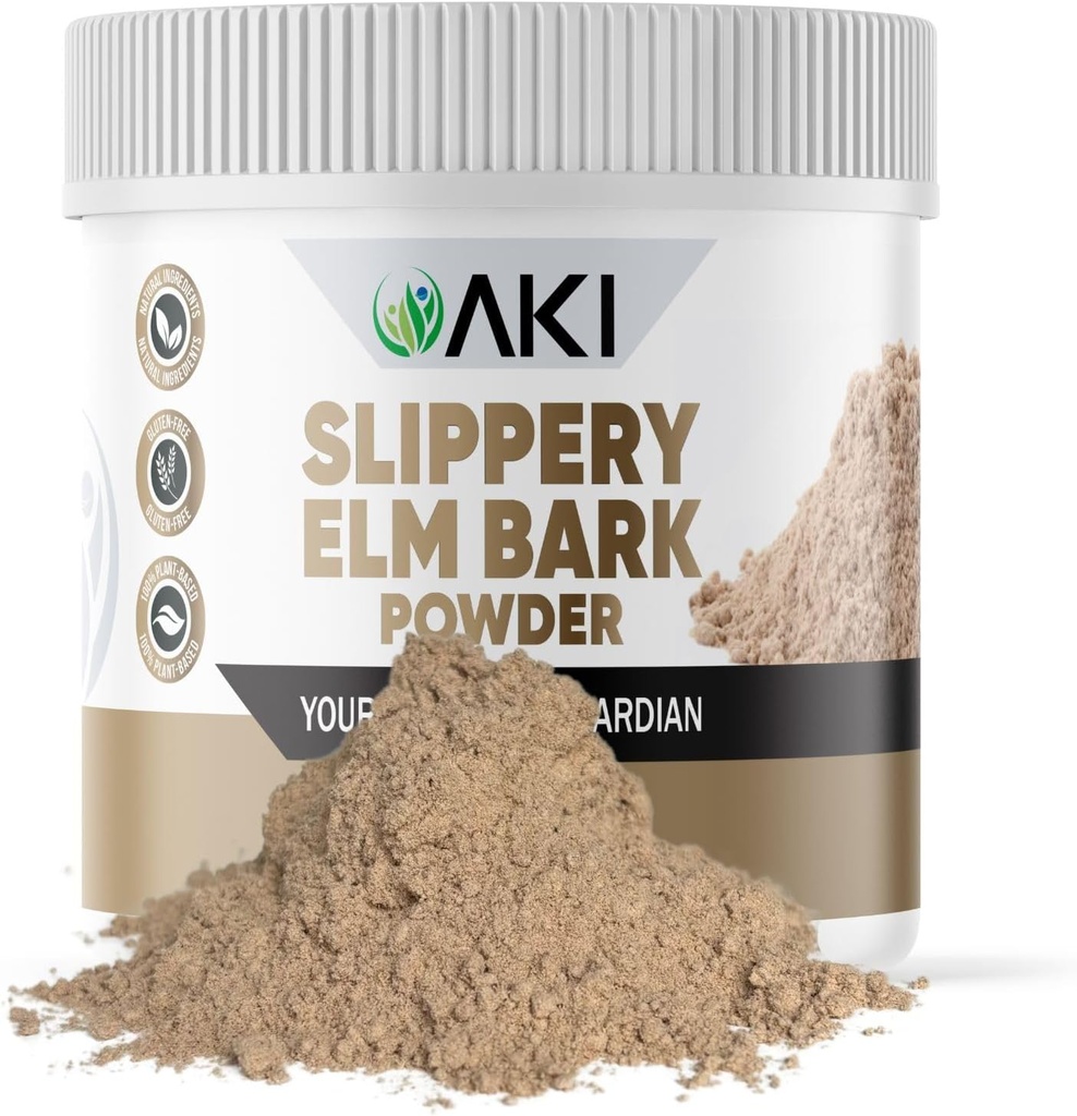 AKI Slippery Elm Bark Powder - Nasadne beljakovine, Pomirjujoče sredstvo za prebavne Wellness & Throat Comfort - Vegansko-prijazno, Gluten-free, Ne-GMO & Brez umetnih dodatkov (4oz/113g)