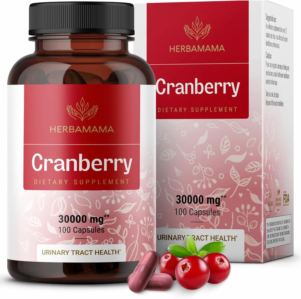 HERBAMAMA Izvleček brusnic kapsule - 30.000mg Cranberry prašek za podporo za sečilne trakte - Vegan, Non-GMO Bladder dodatek, 100 kap