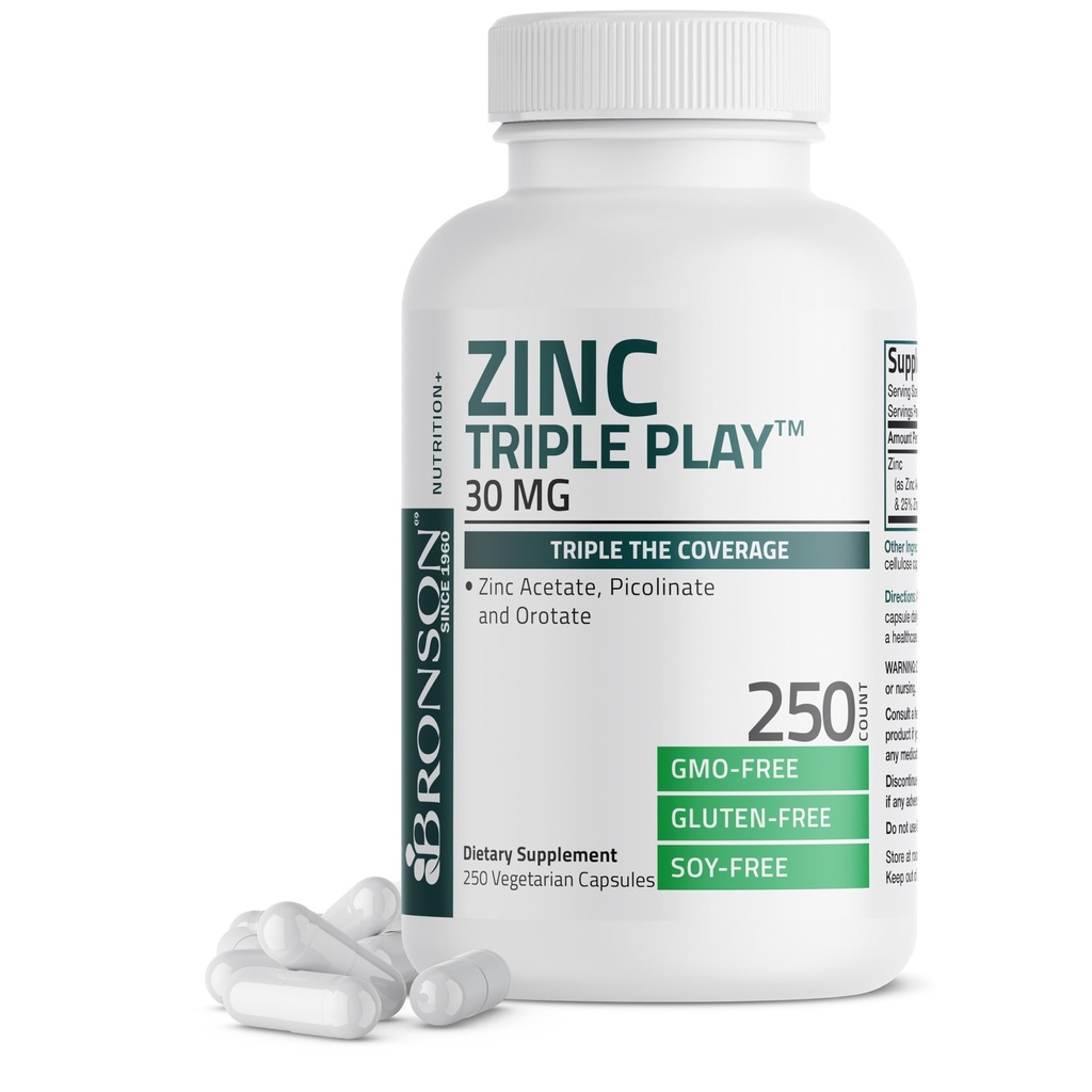Bronson Cink Triple Play 30mg Triple Coverage Imunska podpora z cinkovim acetatom, Pikolinat & Orotat - Imunski, Antioksidant & Skin Health Support - 250 Vegetarijanske kapsule