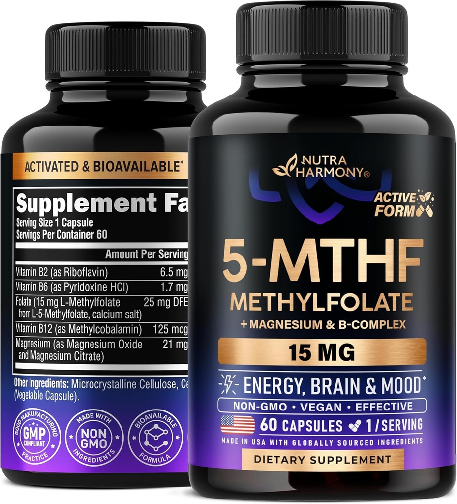 NUTRAHARMONY L metilfolat 15 mg - 5-MTHF metilfolat dodatek Plus metil B12, vitamini B2 & B6, magnezij - izdelan v ZDA, 60 kapsul za 2 meseca