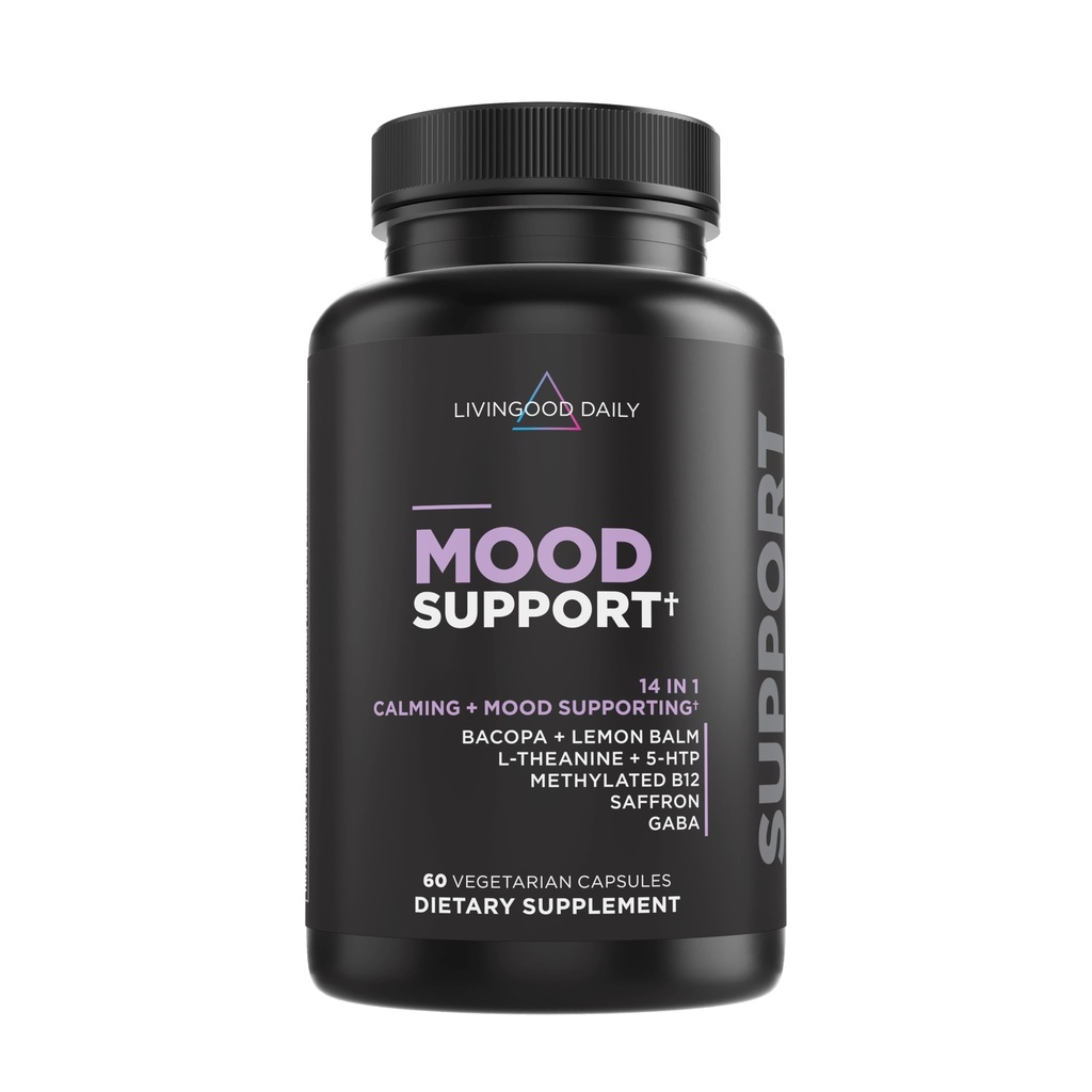Livingood Daily Mood dodatek za ženske in moške, 14-in-1 Formula z L Theanine, Lemon Balm, GABA, Saffron, 5-HTP & B12, Podpira fokus & čustveno Wellness, Gluten Free, Vegan, 60 kapsul